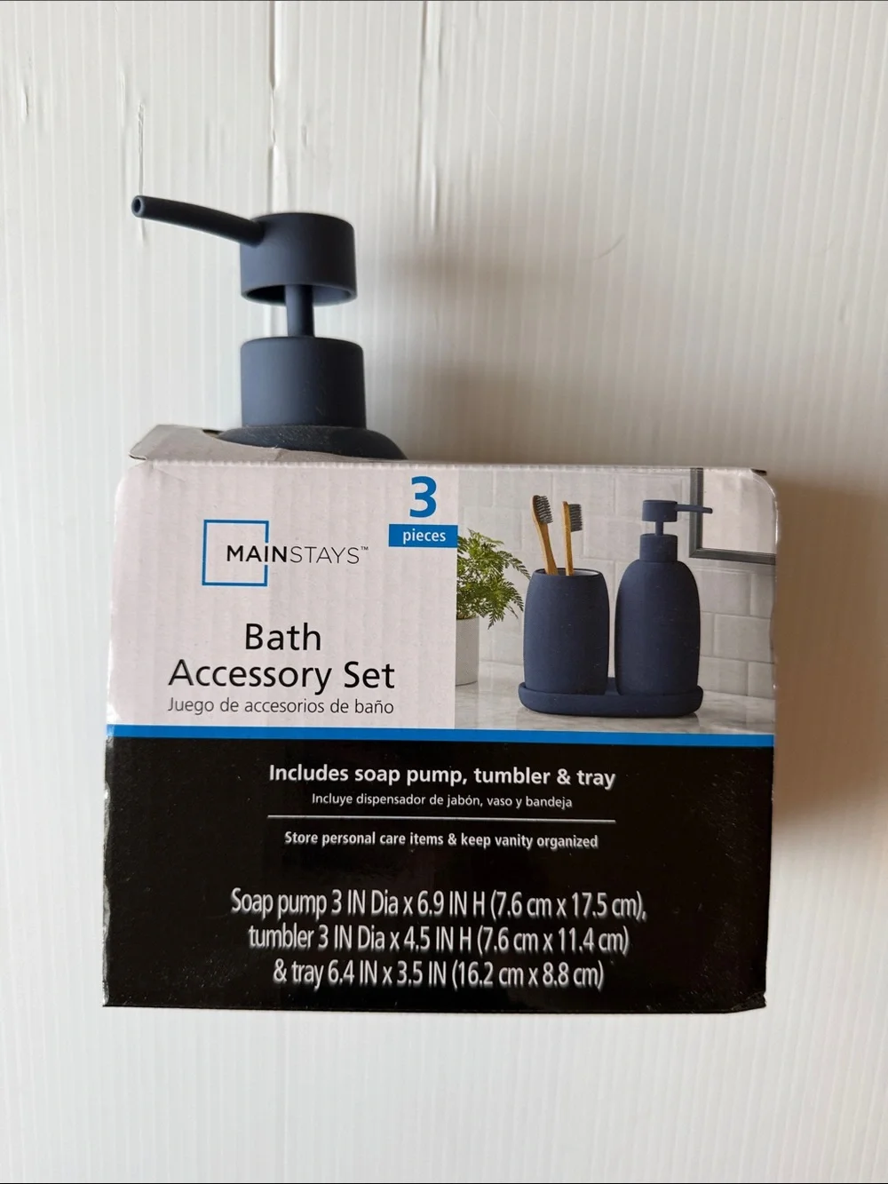 Mainstays Navy Blue Bath Accessory Set - 3 Piece Pump, Tumbler & Tray